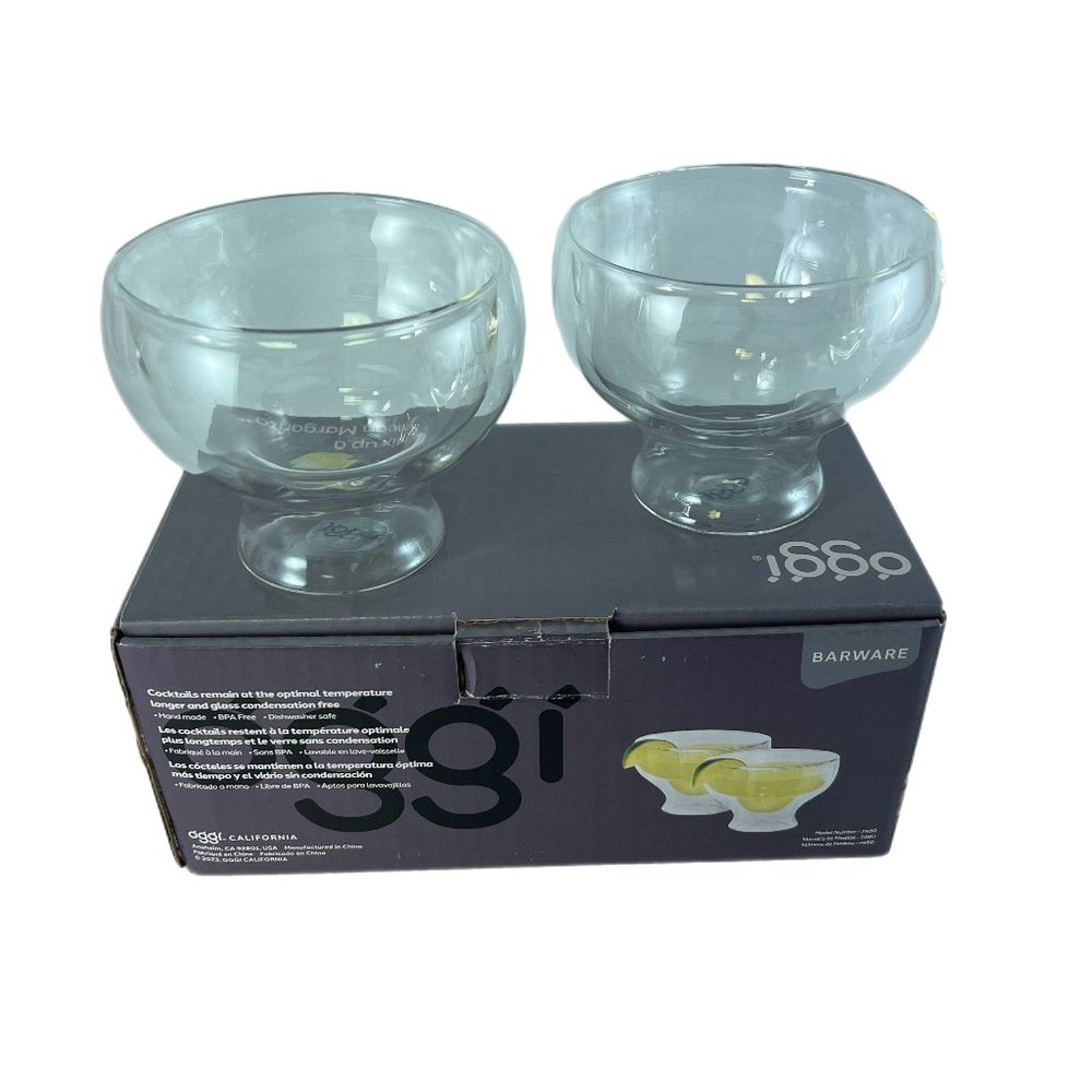 Set of 2 Oggi Hand Blown Double Wall Stemless Margarita Glasses NIOB #3